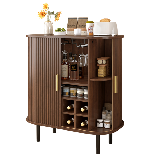 28" Fluted Wine Bar Cabinet with 8-Grid Wine Rack, 5-Level Adjustable Shelves, 2 Glass Holders, Smoothly Sliding Tambour Doors, 4 Hidden Storage Space on the Side, Modern Liquor Coffee Station, Walnut-19