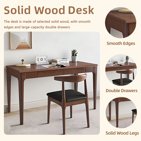 Solid Wood Desk with Drawers, Standing Desk with Smooth Edges, Home Office Desk for Small Spaces, Mid Century Modern Desk for Study, Bedroom, Living Room, Office, (Walnut, 47.24''*21.65''*29.53'')-5