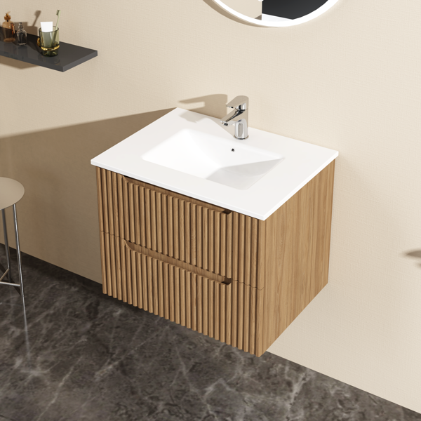 Goodyo 24" Wall-Mount Bathroom Vanity Cabinet with White Basin Sink Combo Floating, Walnut-5