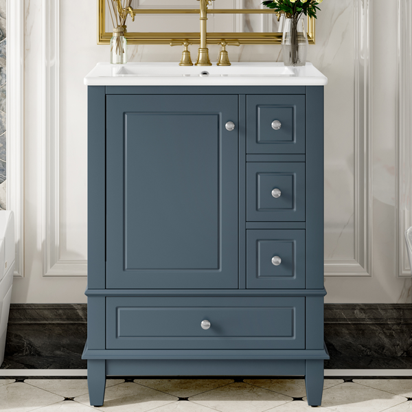 24" Bathroom Vanity with Sink and Drawers, Gray Blue Freestanding Vanity Cabinet with Ceramic Top and Storage Shelves, MDF and Solid Wood Base, Modern Sink Cabinet for Small Bathrooms-12