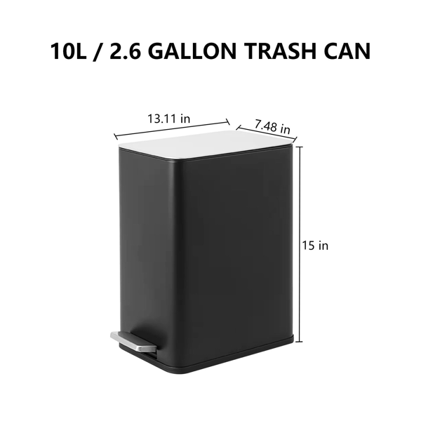 10L/2.6 加仑长方形不锈钢脚踏垃圾桶，带可拆卸内桶，适用于厨房、浴室，黑色-2