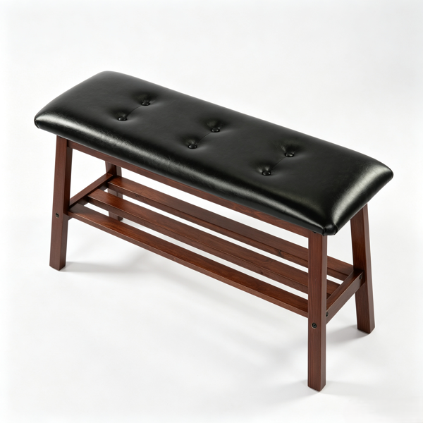 【禁售亚马逊】松木+PU皮 胡桃木色+黑色皮面 100*30*48.5cm 餐厅长凳 纽扣面 带层架-3