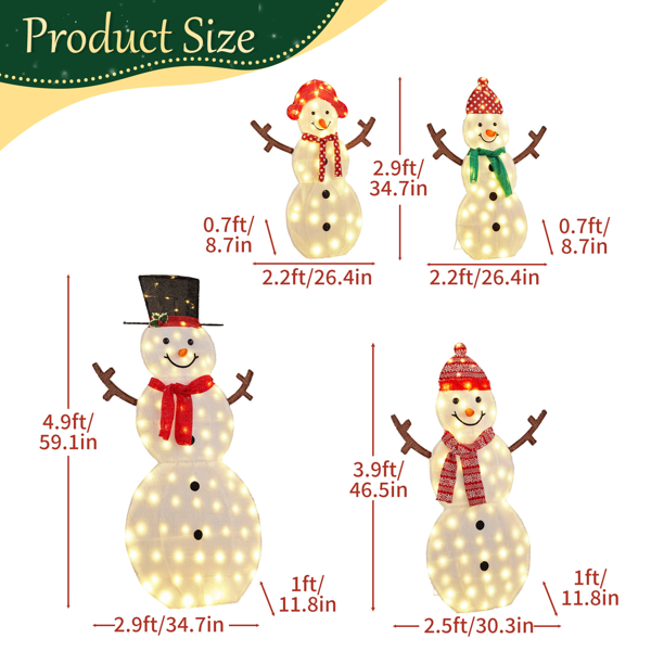 4pcs 5ft 白色 2D雪人一家四口树枝手 蒙布绒布 250灯暖白灯 圣诞灯饰雪人 4.5V 3.6W-6