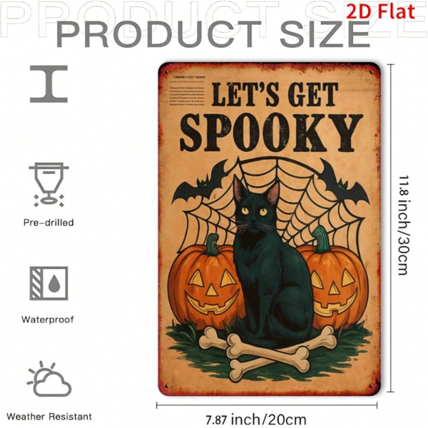 CIFbuy 2D平面金属招牌 黑猫与南瓜 万圣节 复古方形铁皮装饰（TikTok, temu 自提物流）-6