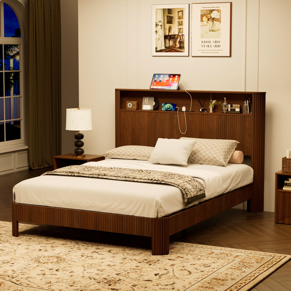 Queen Size bed frame with storage headboard, built-in charging station, wavy curved lines design, silent operation, metal support, Walnut-4