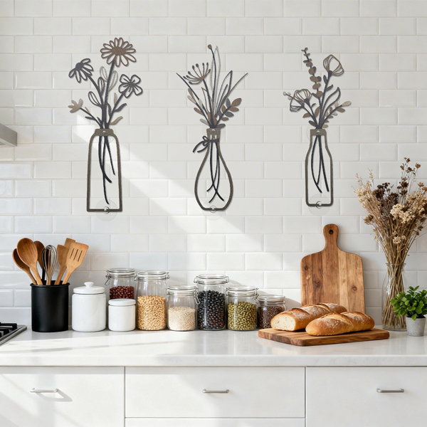 3-Piece Set of Neutral-Toned Metal Vase Wall Decor, Vintage Wrought Iron Vase Wall Hangings, Includes Self-Adhesive Mounting Plates, Suitable for Living Room, Bedroom, and Apartment Decor (Not from an eBay-Certified Warehouse)-9