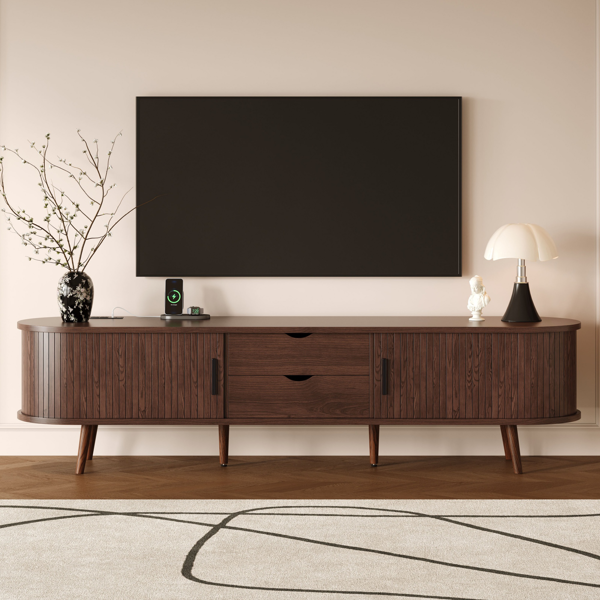 70 Inch Mid Century Modern TV Stand, TV Stand for 80 Inch TV, TV Stand with Tambour Doors, Drawers and Power Outlet, TV Consoles for Living Room, Bedroom-3