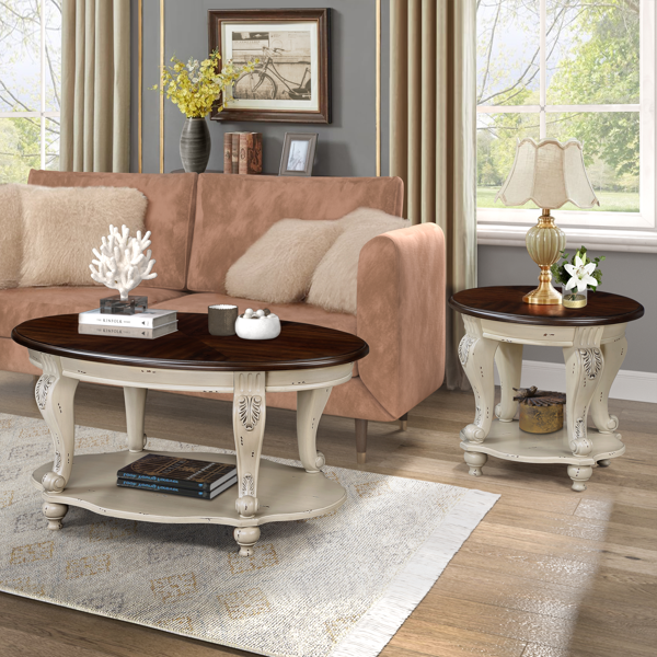22'' Two Tone Round End Table,Solid Wood Sofa Side Table with Shelf,Living Room Corner Table Easy Assemble,Beige and Espresso Top-6