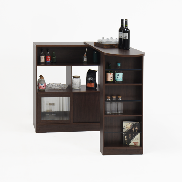 Modern Bar Cabinet with Rotating top, Counter Height Dining Cabinet with 6 Storage space and 2 Ribbed Glass Door for Kitchen, The Rotating Top with 3 Storage Shelves Dining Room, Living Room, Walnut-17
