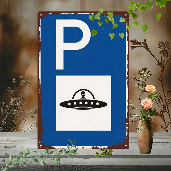 CIFbuy 复古外星人UFO停车标志墙饰，怀旧铁艺科幻风房间装饰画 8x12英寸（TikTok, temu 自提物流）-3