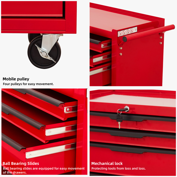 7-Drawer Rolling Tool Chest Cabinet, Large Capacity Metal  Tool Box with Wheels and Cylinder Locking, Roll Around Storage Organizer Tool Cart for Garage, Warehouse, Work Shop - Red-4