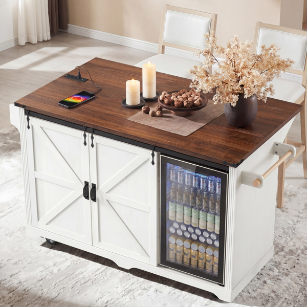 K&K 72" Farmhouse Kitchen Island with Fridge Storage Space & Power Outlet, Rolling Coffee Bar Cabinet on Wheels with 4 Drawers, Sliding Barn Door, Glass Holder, Drop Leaf, Island Kitchen Table, White-1