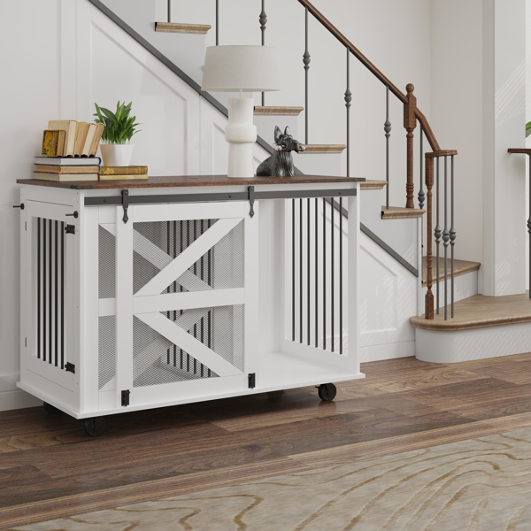47.2" Mobile Dog Crate with Flip-Top Feeding Door, Dual-Access & 5 Caster System (2 Locking), Side Hooks - Multi-Functional Pet Kennel,double dog crate furniture-3