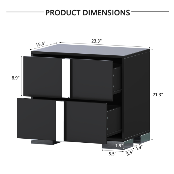 Elegant Nightstand with Metal Foot, Mirrored Bedside Table with 2 Drawers for Bedroom, Living Room, Black-9