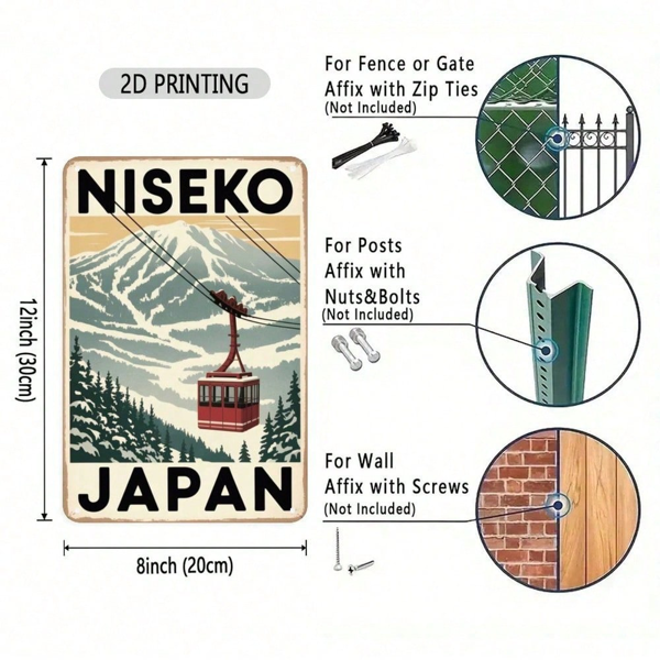 CIFbuy 1个2D平面日本二世古滑雪场铁皮装饰牌，复古滑雪主题墙饰，8x12英寸（TikTok, temu 自提物流）-3