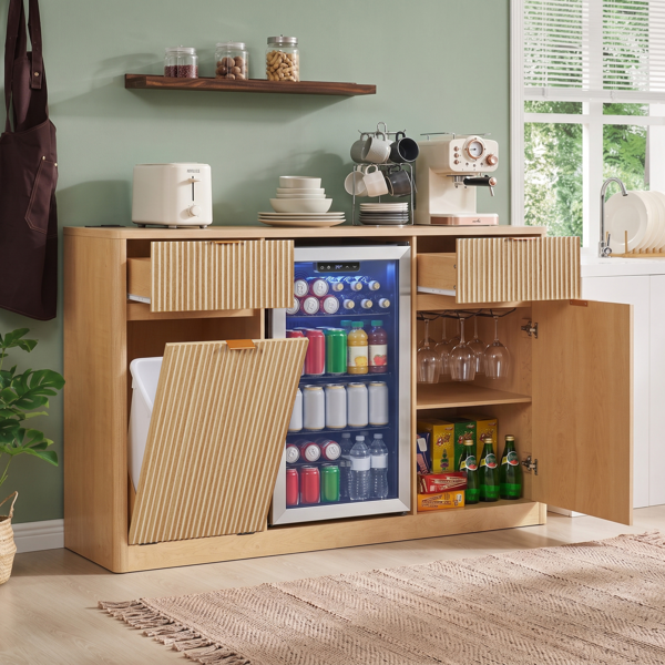 K&K 59" Coffee Bar Cabinet with Fridge Space & Tilt-Out Trash Cabinet, Mini Fridge Wine Cabinet with Storage/Charging Station, Fluted Buffet Sideboard with Glass Holder for Dining Room, Natural Oak-27