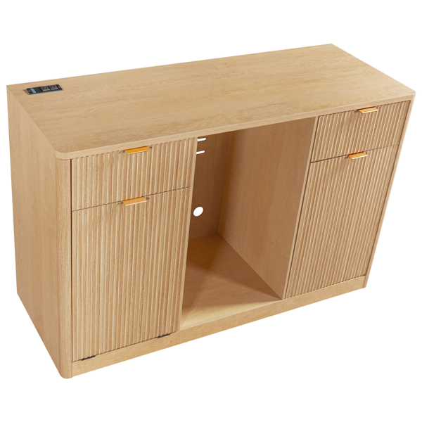 K&K 59" Coffee Bar Cabinet with Fridge Space & Tilt-Out Trash Cabinet, Mini Fridge Wine Cabinet with Storage/Charging Station, Fluted Buffet Sideboard with Glass Holder for Dining Room, Natural Oak-23