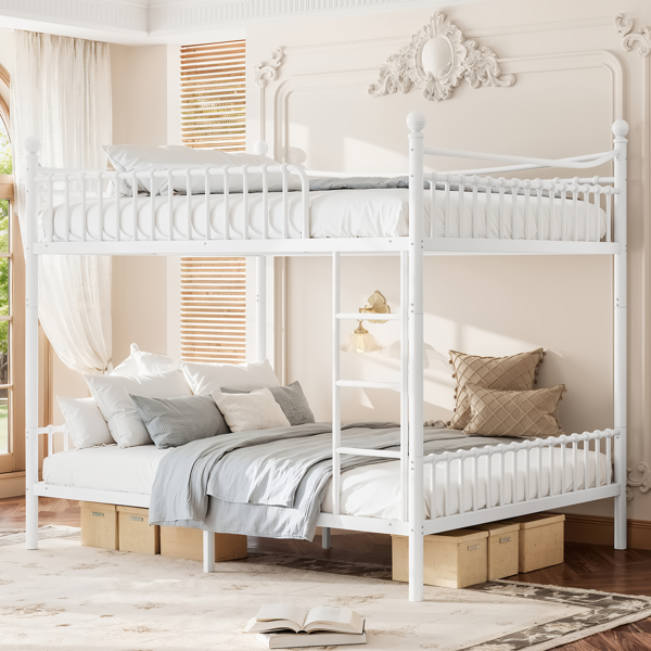 Queen over Queen Metal Bunk Bed with Unique Curved Guardrail Design, Round Tube bunk bed Frame, No Box Spring Required, Metal Bunk Bed Frame for Kids Teens,adults, White-3