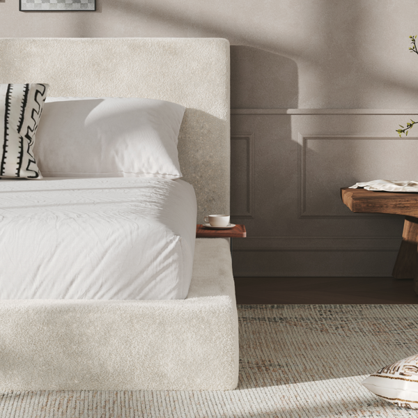 AirFrame King Bed Frame with adjustable Sliding Side Table, 8.7'' Cloud Upholstered Sponge Cushion, Easy Assembly (Off-White).-7