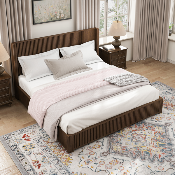 Solid Wood Platform Bed Frame with Headboard, No Box Spring Needed, Floor-standing bed, Easy Assembly, King Size, Walnut-3