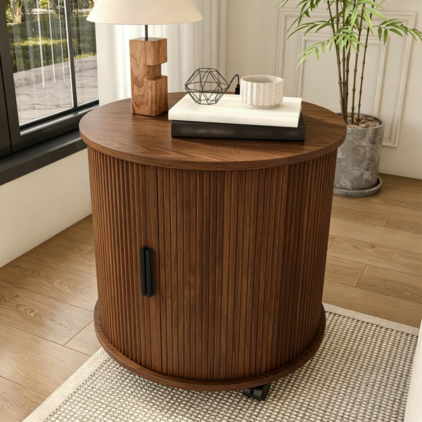 Mid Century Modern Cylinder End Table with Built-in Charging Station & Sliding Door, 2-Tier Storage Round Nightstand with USB Ports, Walnut Bedside Table for Living Room, Bedroom, Entryway-16