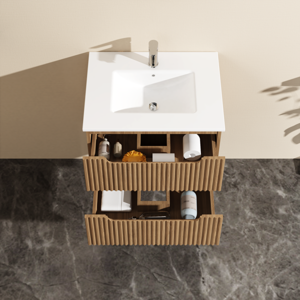 Goodyo 24" Wall-Mount Bathroom Vanity Cabinet with White Basin Sink Combo Floating, Walnut-6