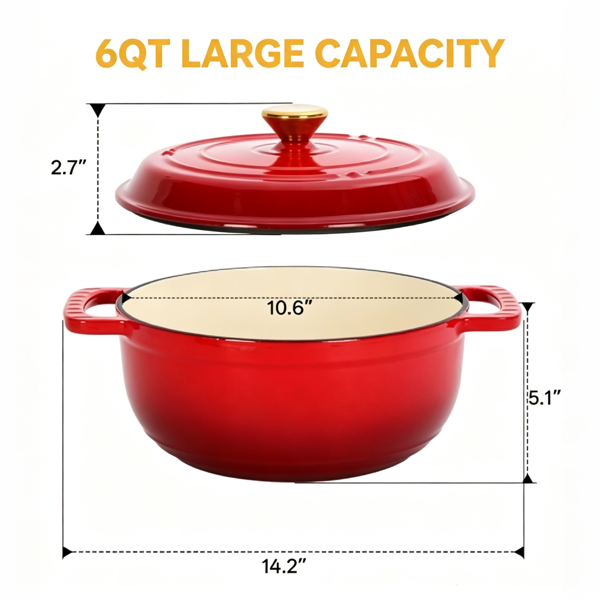 铸铁 6QT 烹饪锅具 红色渐变 含两个硅胶手套 珐琅锅-6