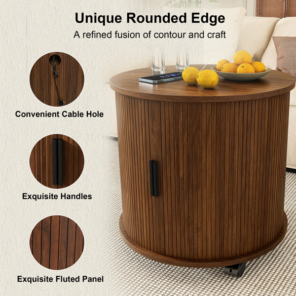 Mid Century Modern Cylinder End Table with Built-in Charging Station & Sliding Door, 2-Tier Storage Round Nightstand with USB Ports, Walnut Bedside Table for Living Room, Bedroom, Entryway-3