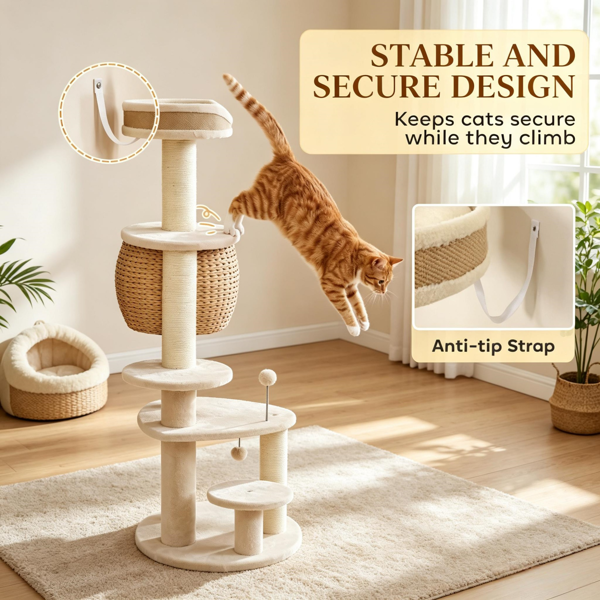 猫树52英寸猫塔，带手工编织的猫尾巴公寓床平台3根抓杆3个玩具球-7