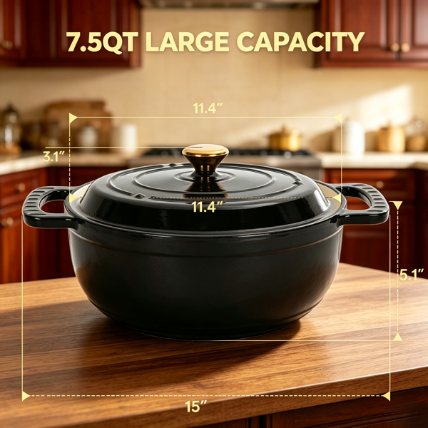 铸铁 7.5QT 烹饪锅具 纯黑色 含两个硅胶手套 珐琅锅-2