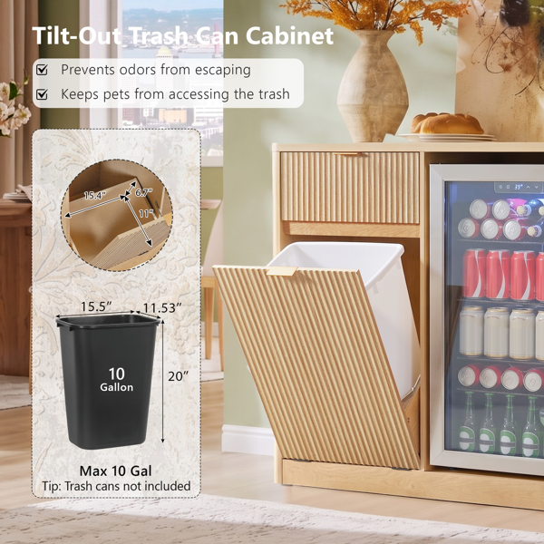 K&K 59" Coffee Bar Cabinet with Fridge Space & Tilt-Out Trash Cabinet, Mini Fridge Wine Cabinet with Storage/Charging Station, Fluted Buffet Sideboard with Glass Holder for Dining Room, Natural Oak-31