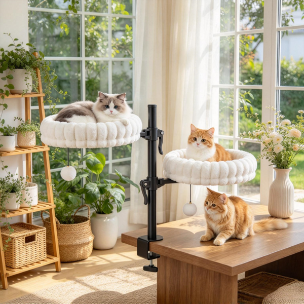 室内猫桌床，猫吊床，带2张可拆卸床和2个用于桌子和窗户的挂球，最多可容纳24磅，白色-6