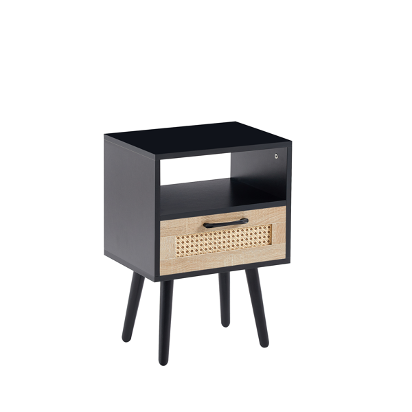 15.75" Rattan End table with  drawer and solid wood legs, Modern nightstand, side table for living room, bedroom, black-9