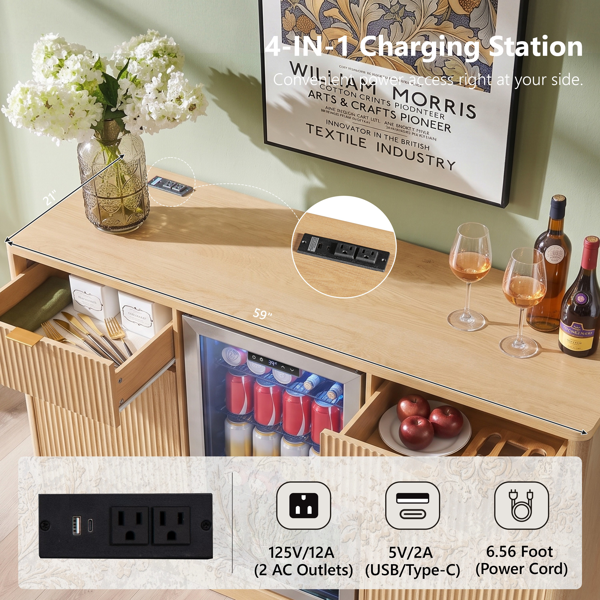 K&K 59" Coffee Bar Cabinet with Fridge Space & Tilt-Out Trash Cabinet, Mini Fridge Wine Cabinet with Storage/Charging Station, Fluted Buffet Sideboard with Glass Holder for Dining Room, Natural Oak-32