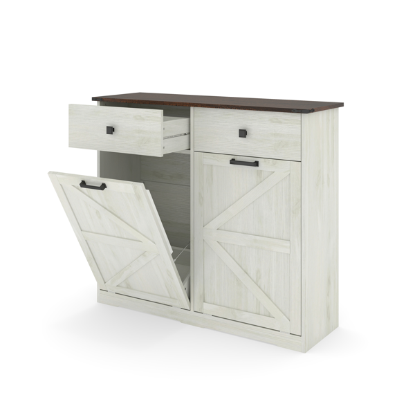 Farmhouse Double Tilt Out Trash Cabinet for 20 Gallon Trash Cans, Free Standing Recycling Cabinet with Hideaway Drawer, Barn Door Style Laundry Sorter Cabinet, Tilt Out Trash Cabinet for Kitchen-19