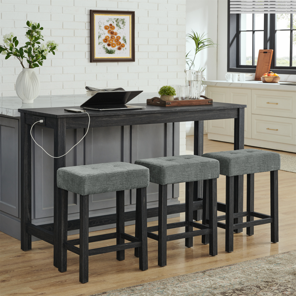 59 Inch Bar Table, Dining Table, Sofa Table with Power Outlet, 3 Upholstered Stools, 4 Piece Bar Table and Chair Set for Living Room, Dining Room, Kitchen-6