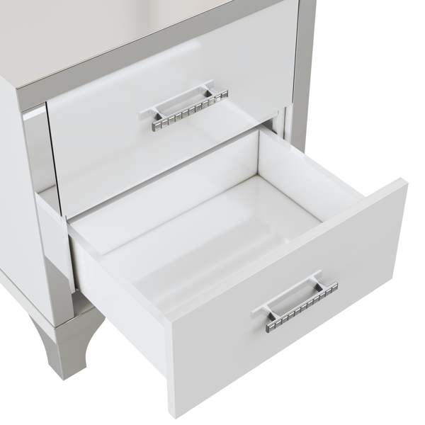 Elegant High Gloss Nightstand with Metal Handle,Mirrored Bedside Table with 2 Drawers for Bedroom,Living Room,White-9