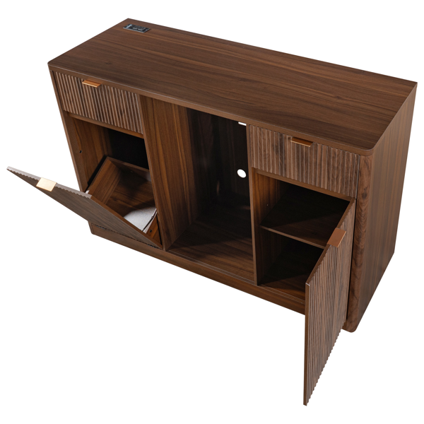 K&K 59" Coffee Bar Cabinet with Fridge Space & Tilt-Out Trash Cabinet, Mini Fridge Wine Cabinet with Storage/Charging Station, Fluted Buffet Sideboard with Glass Holder for Dining Room, Walnut Brown-45