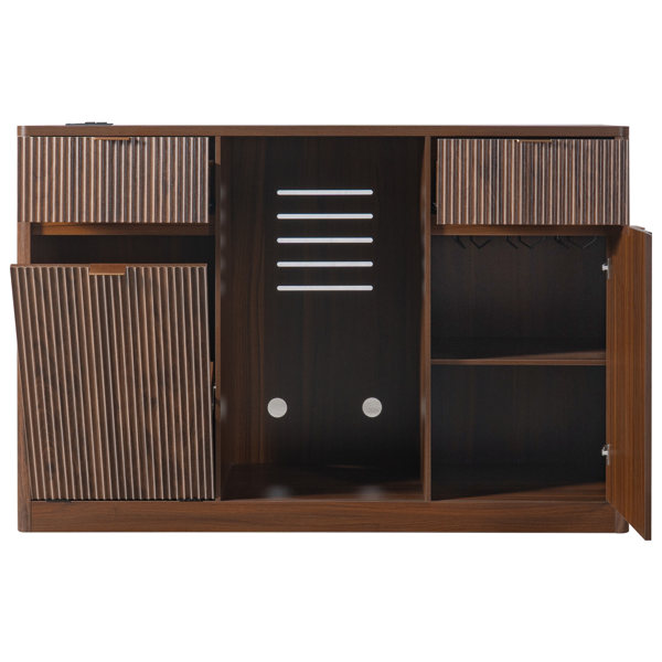 K&K 59" Coffee Bar Cabinet with Fridge Space & Tilt-Out Trash Cabinet, Mini Fridge Wine Cabinet with Storage/Charging Station, Fluted Buffet Sideboard with Glass Holder for Dining Room, Walnut Brown-15