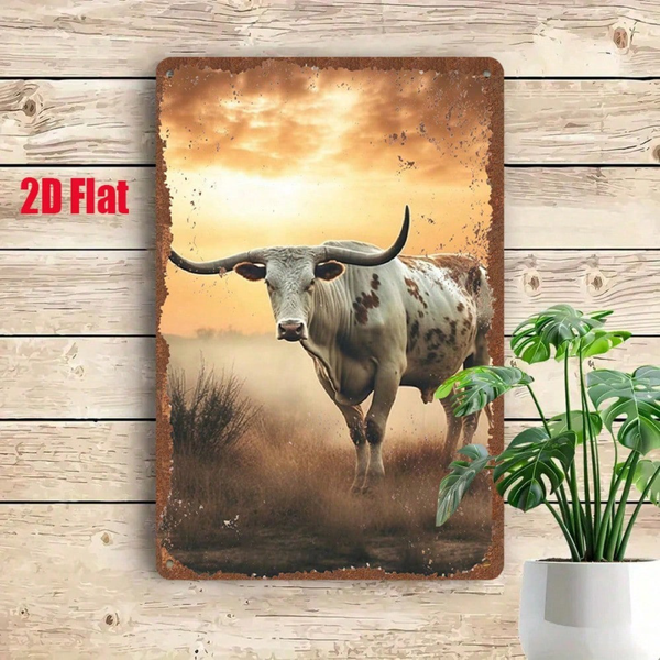 CIFbuy 复古金属招牌 长角牛画作，2D平面锡制招牌 草原落日艺术（TikTok, temu 自提物流）-7