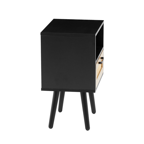 15.75" Rattan End table with  drawer and solid wood legs, Modern nightstand, side table for living room, bedroom, black-10