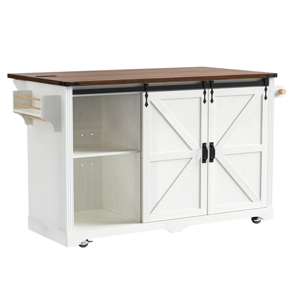 K&K 72" Farmhouse Kitchen Island with Fridge Storage Space & Power Outlet, Rolling Coffee Bar Cabinet on Wheels with 4 Drawers, Sliding Barn Door, Glass Holder, Drop Leaf, Island Kitchen Table, White-37