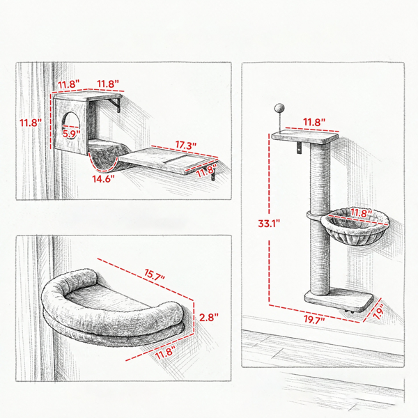 壁挂式猫树三合一猫墙架，带公寓床吊床抓柱弹簧球灰色-6