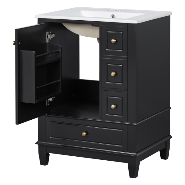 24" Bathroom Vanity with Sink and Drawers, Black Freestanding Vanity Cabinet with Ceramic Top and Storage Shelves, MDF and Solid Wood Base, Modern Sink Cabinet for Small Bathrooms-23