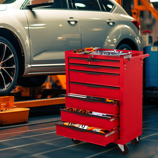 7-Drawer Rolling Tool Chest Cabinet, Large Capacity Metal  Tool Box with Wheels and Cylinder Locking, Roll Around Storage Organizer Tool Cart for Garage, Warehouse, Work Shop - Red-6