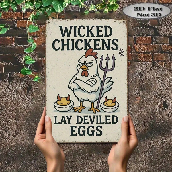 CIFbuy 1个趣味搞怪小鸡下魔鬼蛋铁皮装饰牌，复古农舍风格墙面艺术（TikTok, temu 自提物流）-1