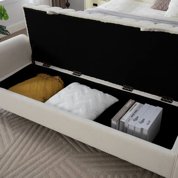 65.55" Wide Modern Upholstered  Storage Bench , Napped fabric Bed End Foot Stool With Rolled Armrest, Bench Daybed With Rubberwood Legs For Living Room, Entryway, Dormitory, Bedroom,Beige-11