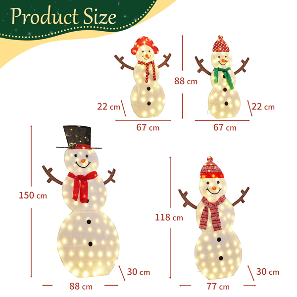 4pcs 5ft 白色 2D雪人一家四口树枝手 蒙布绒布 250灯暖白灯 圣诞灯饰雪人 4.5V 3.6W-7