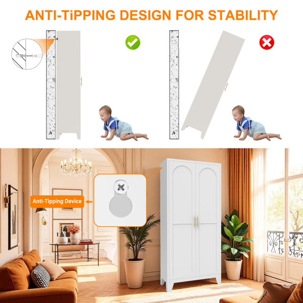 61'' 2 Shapely Doors Cabinet, Metal Storage Cabinet with Doors and Adjustable Shelves, for Bedroom, Living Room(White)-5