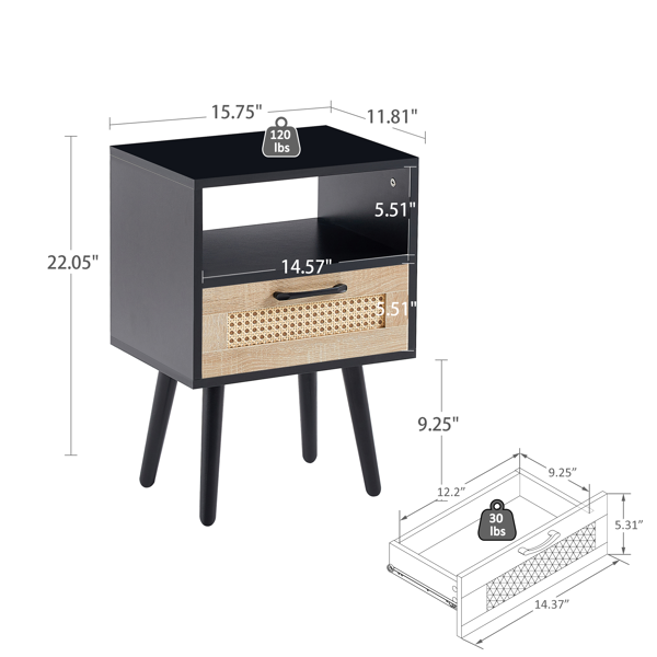 15.75" Rattan End table with  drawer and solid wood legs, Modern nightstand, side table for living room, bedroom, black-4